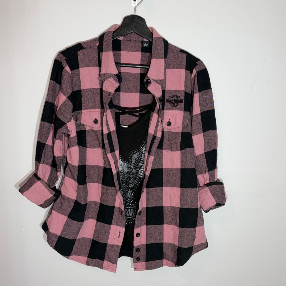 Harley Davidson Plaid Flannel Shirt Pink Black Eagle Graphic Size L